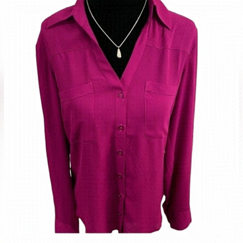 EXPRESS Semi Sheer Long Sleeve Button Down Blouse Magenta Color Size Small